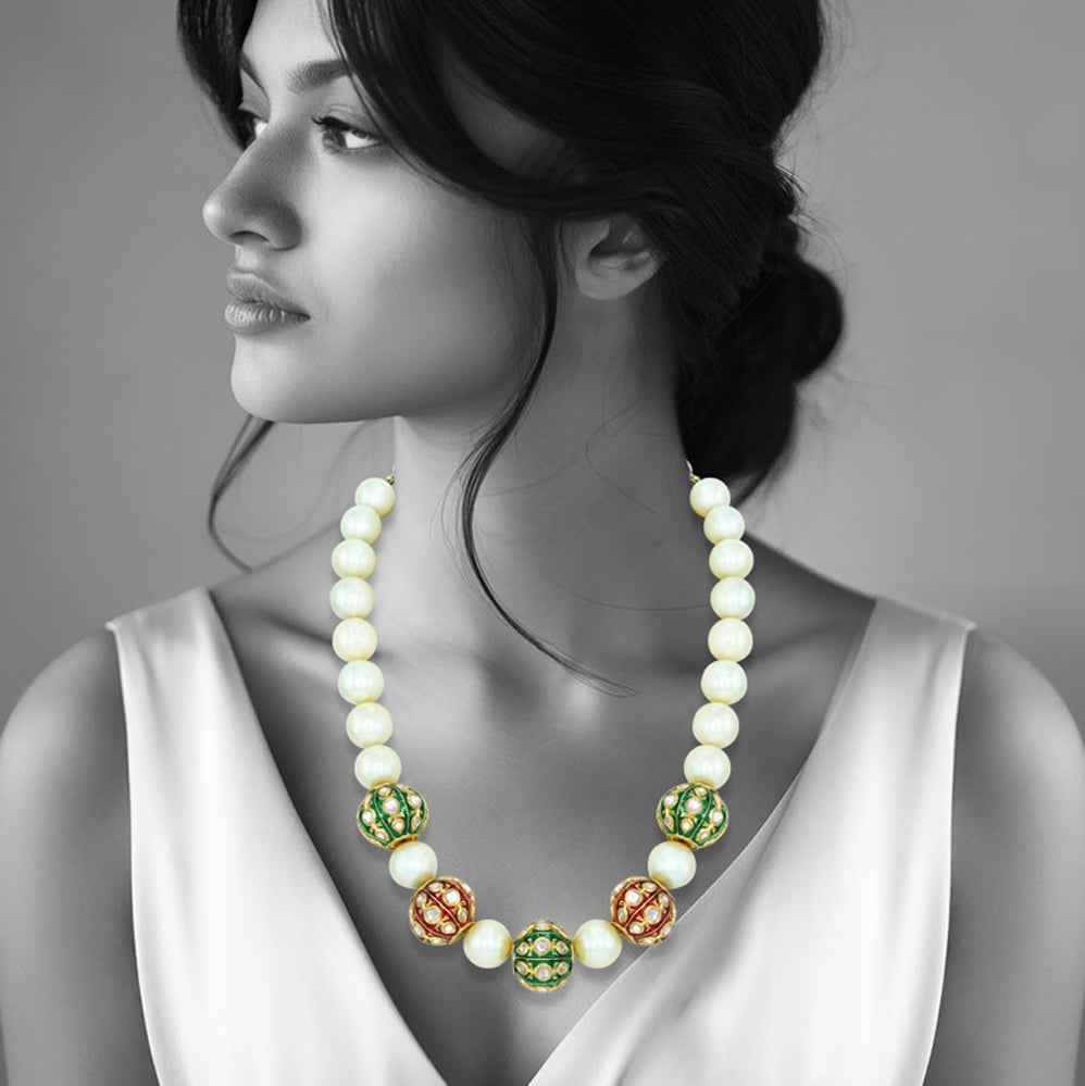 South Sea Pearl Necklace with Polki Red and Green Enamel Beads